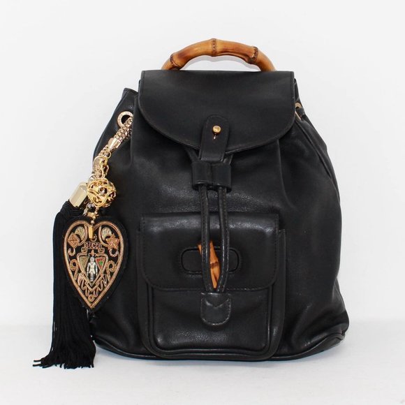 GUCCI #40005 Black Leather Backpack with Bamboo Handle - Picture 1 of 9